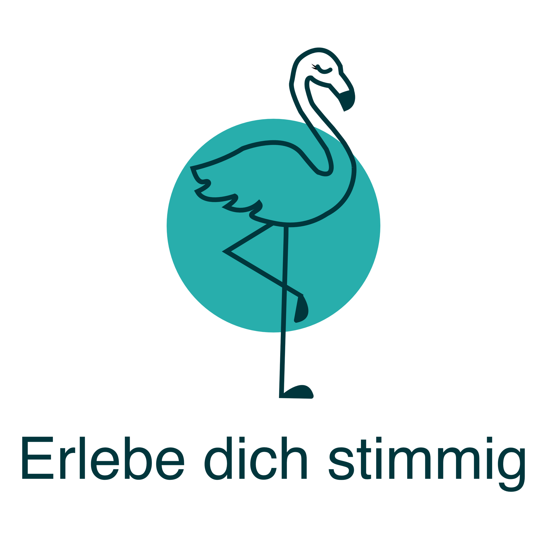 Erlebe dich stimmig Ein dunkelblauer Flamingo steht in Balance vor einem türkis-blauem Kreis. Darunter steht: Erlebe dich stimmig.